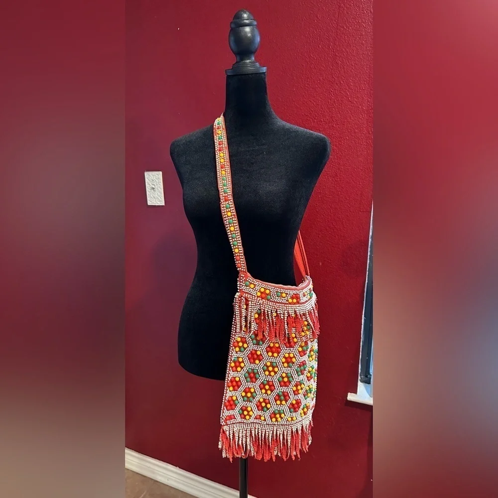 Vintage Beaded Fringe Shoulder Bag Crossbody Red Boho Ethnic Festival Purse HK